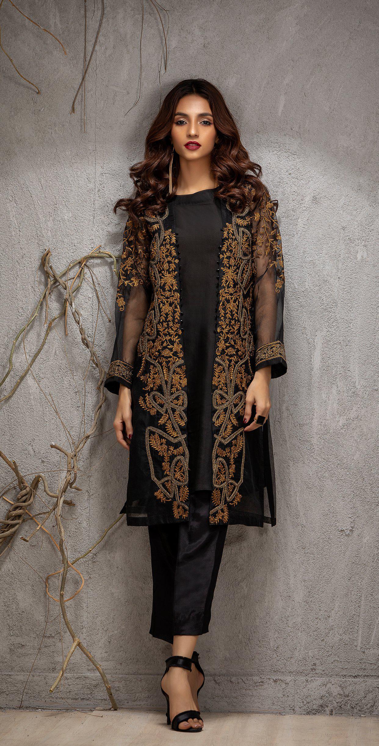 Organza Exclusive Coat with Front & Sleeves Embroidered. (PR-17) - SalitexOnline