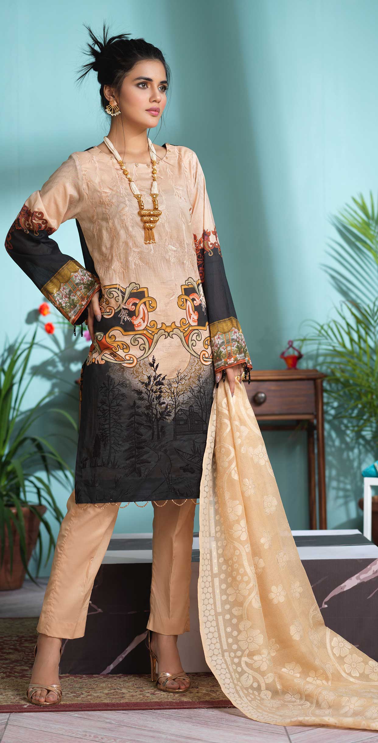 Stitched 3pc Digital Printed Lawn Shirt with Embroidered Front & Brasso Dupatta - Rococo (WK-325) - SalitexOnline
