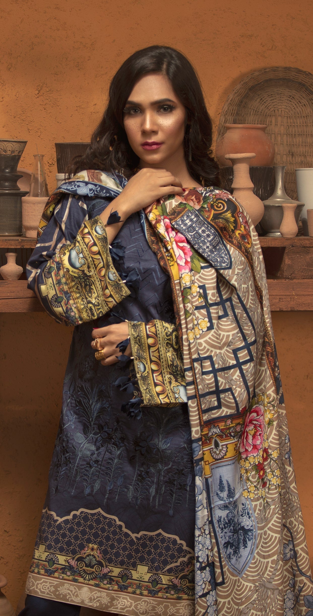 Stitched 3pc Digtial Printed Embroidered Linen Shirt with Digital Shawl Dupatta (WK-415) - SalitexOnline
