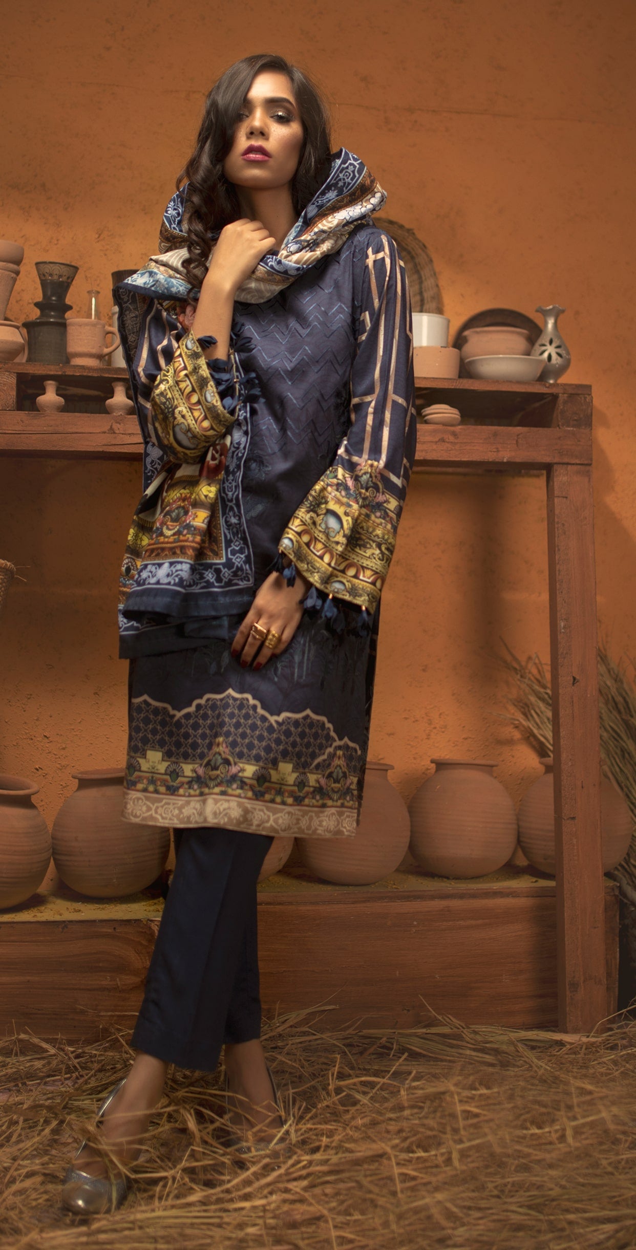 Stitched 3pc Digtial Printed Embroidered Linen Shirt with Digital Shawl Dupatta (WK-415) - SalitexOnline