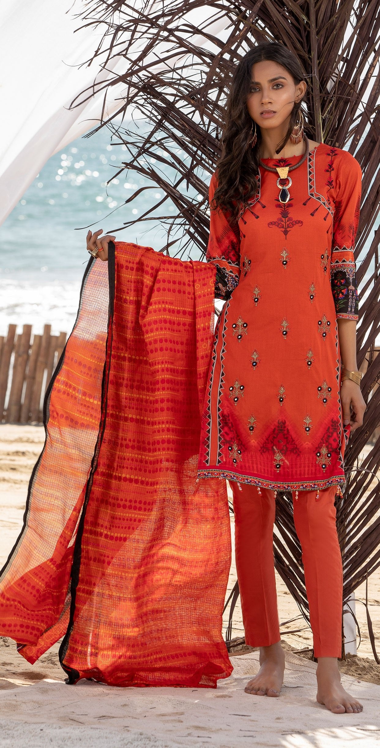 Stitched 3pc Printed Embroidered Lawn Shirt with Fancy Printed Check Dupatta (WK-492B) - SalitexOnline