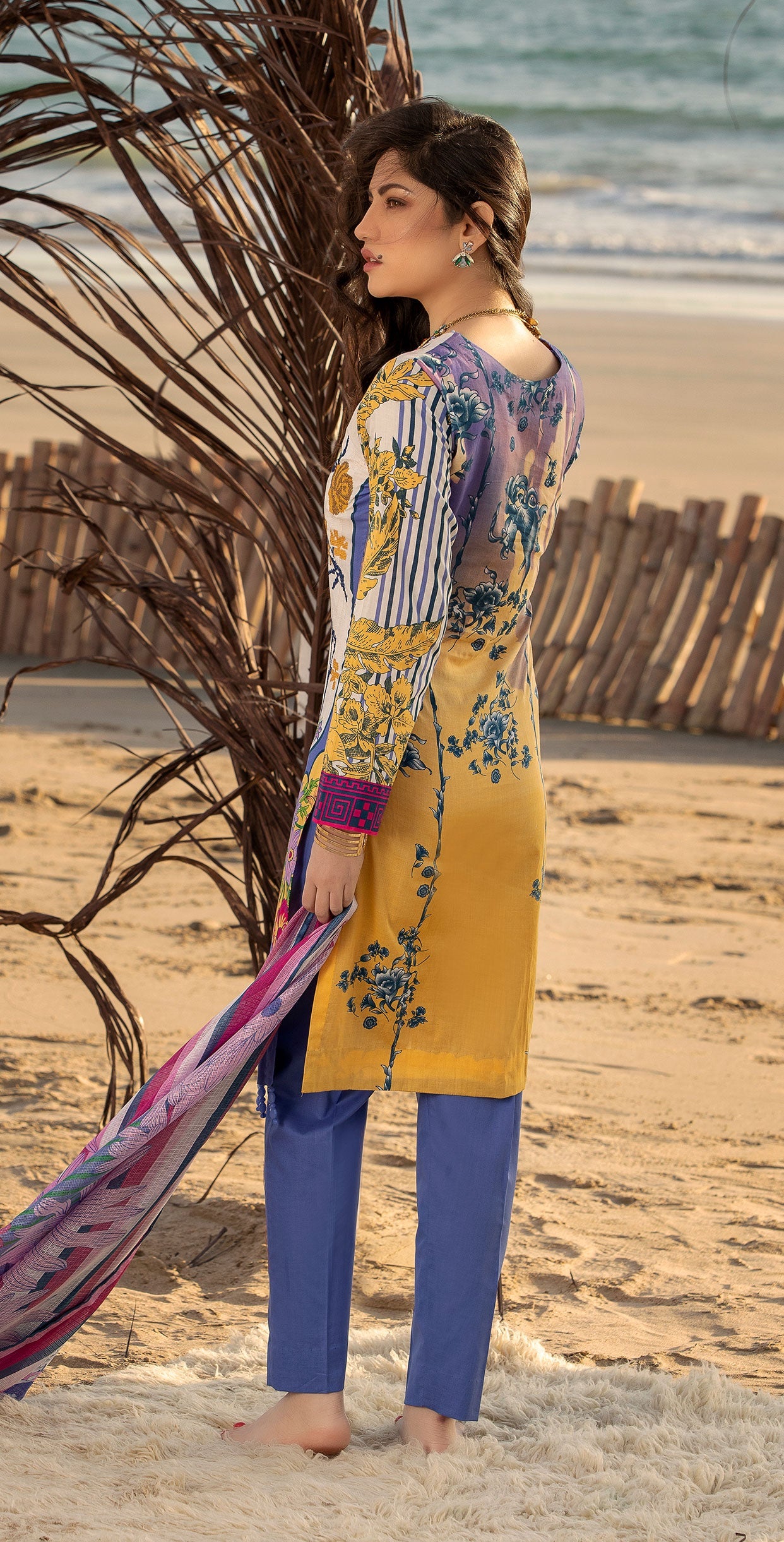 Stitched 3pc Printed Embroidered Lawn Shirt with Fancy Printed Check Dupatta (WK-493B) - SalitexOnline