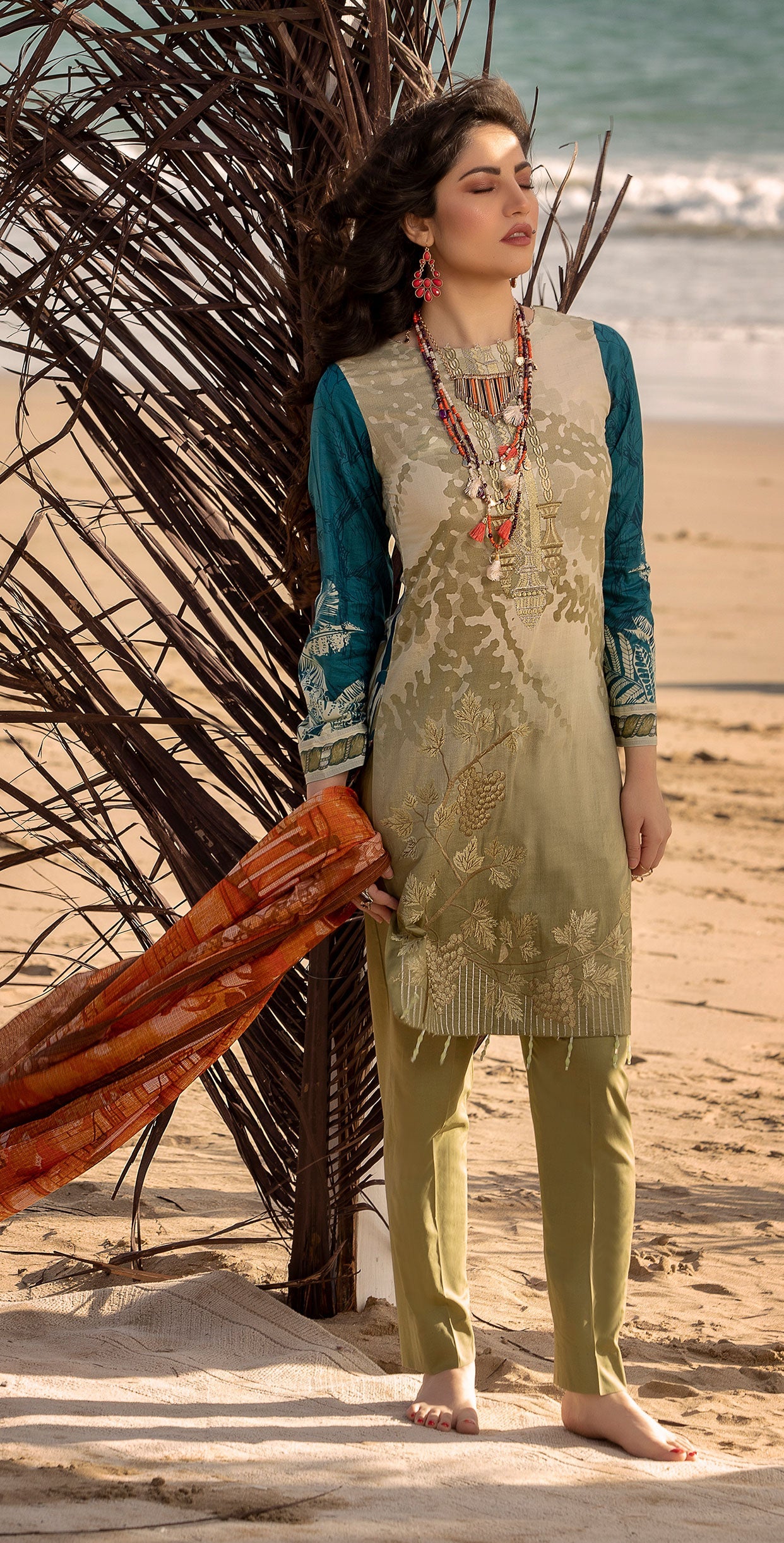 Stitched 3pc Printed Embroidered Lawn Shirt with Fancy Printed Check Dupatta (WK-494B) - SalitexOnline