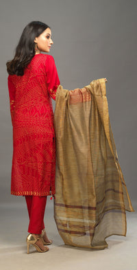 Stitched 3pc Printed Embroidered Lawn Shirt with Woven Khaddi Dupatta - Shades (WK-00545A) - SalitexOnline