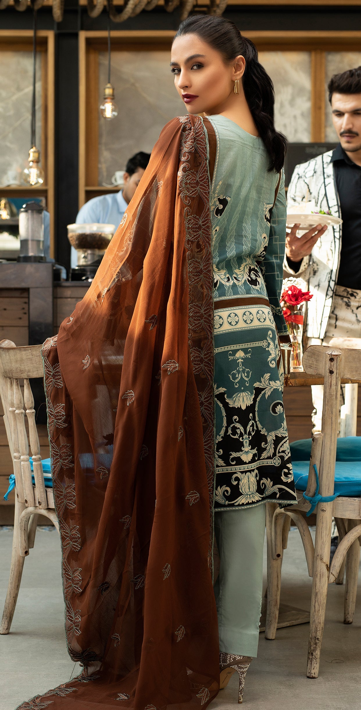 Stitched Embroidered Lawn Shirt with Chiffon Embroidered Dupatta & Trouser Bunches I 3pc (WK-262B) - SalitexOnline