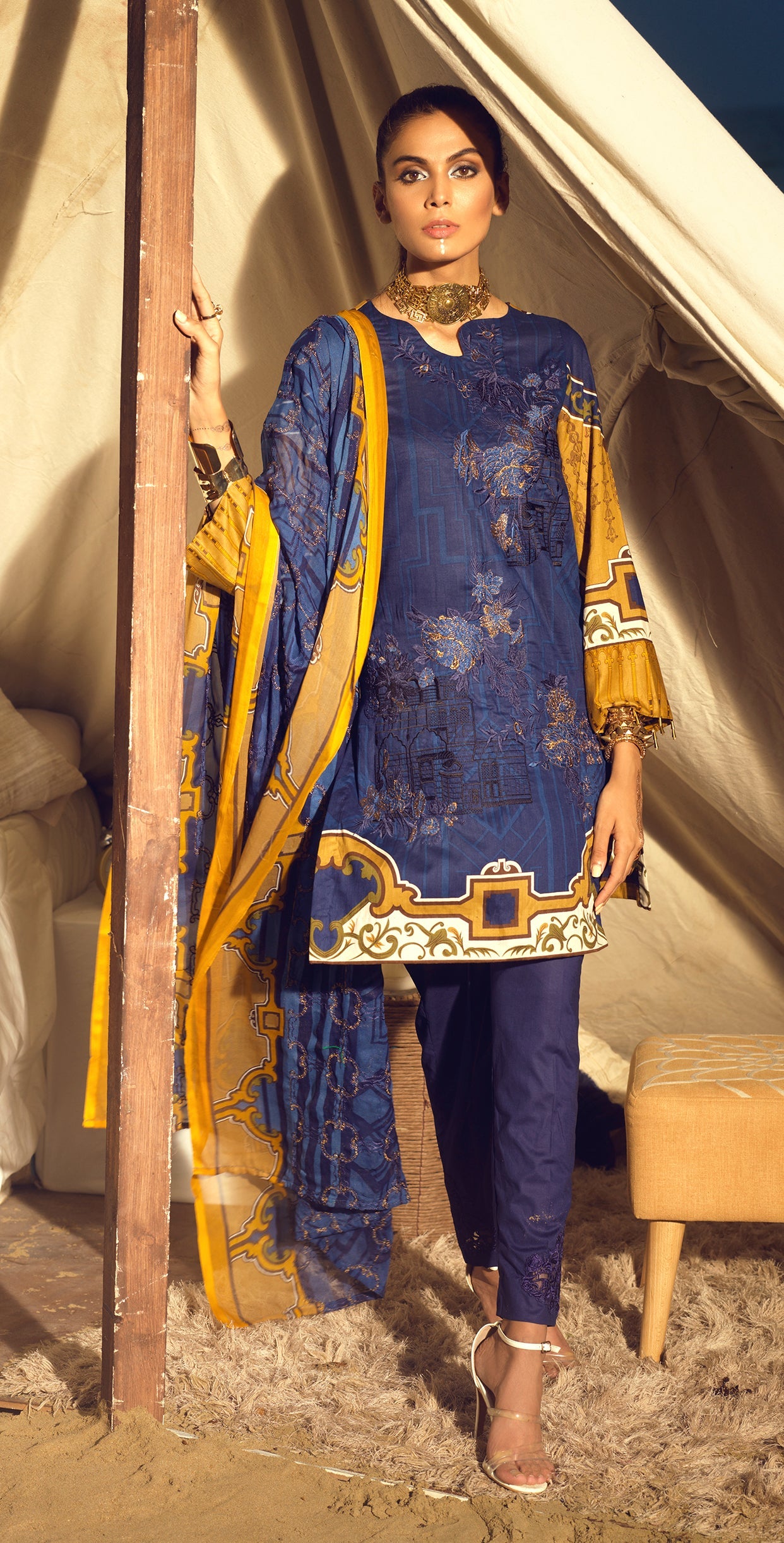 Stitched Faustina Lawn 3pc With Embroidered Front , Embroidered Duppatta & Trouser Bunches (WK-290A) - SalitexOnline
