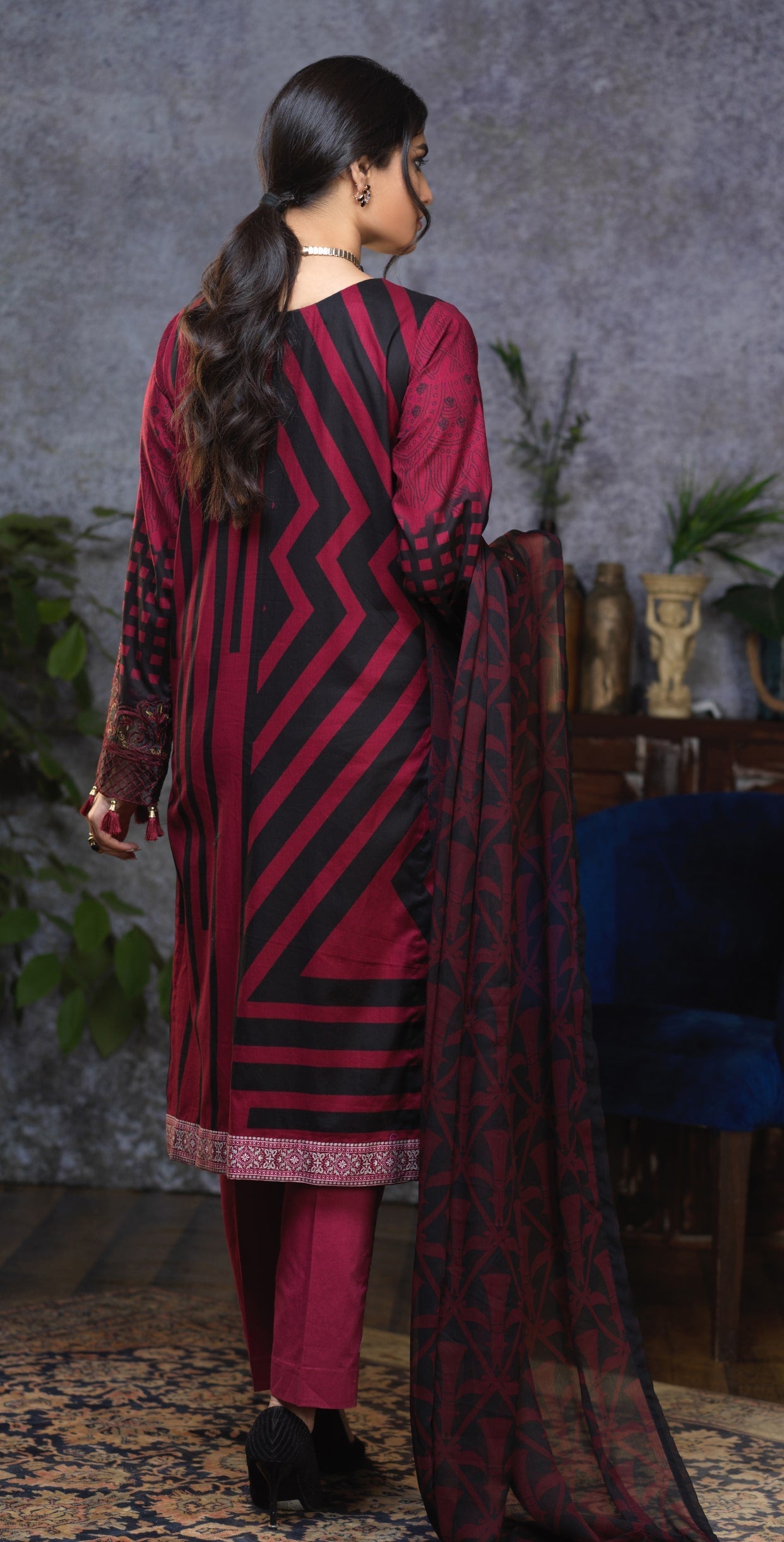 Stitched Printed Cambric Shirt with Embroidery Sleeves and Embroidered Neck Lace , Printed Chiffon Dupatta & Dyed Trouser (RC-172A) - SalitexOnline