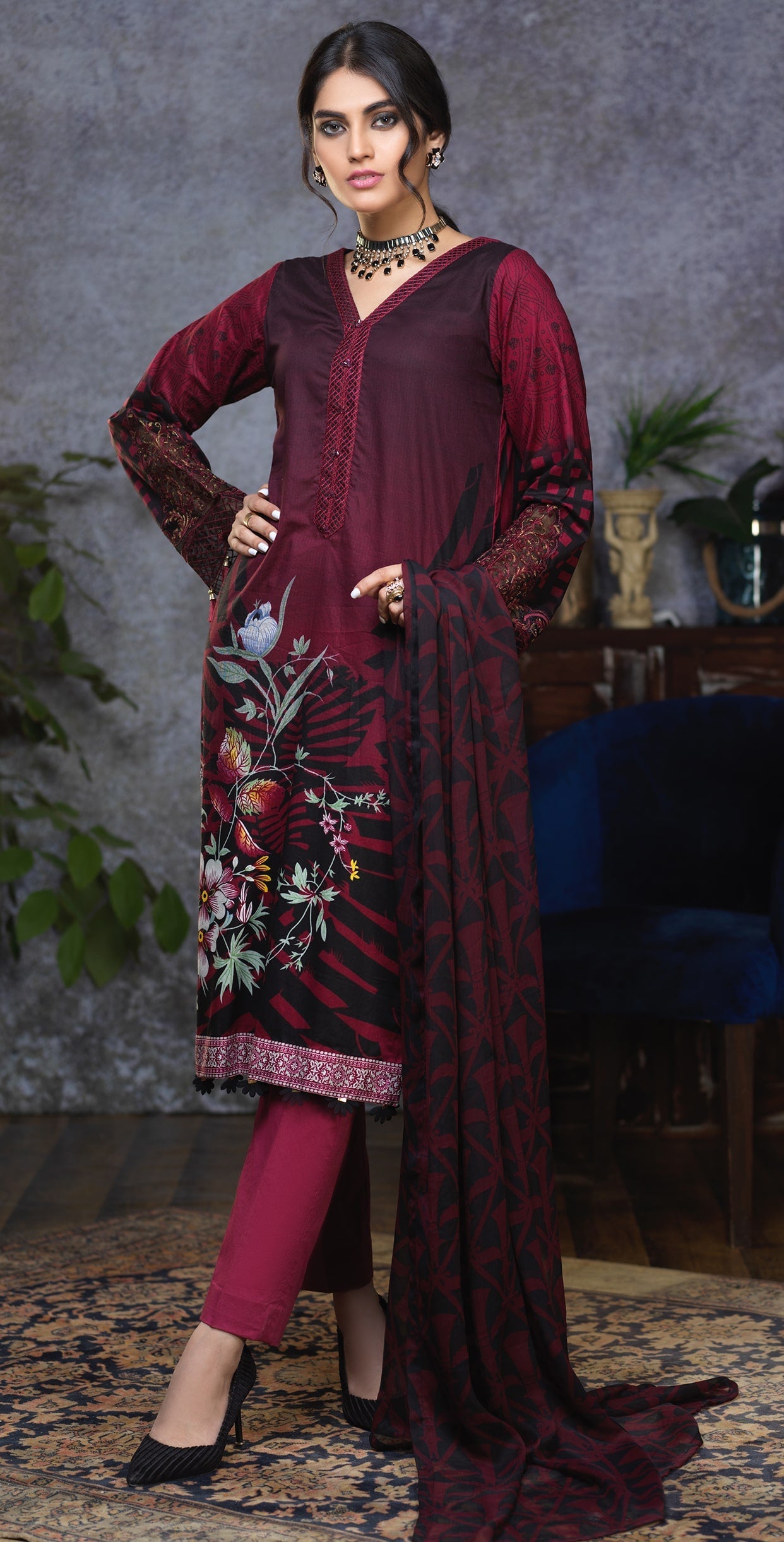 Stitched Printed Cambric Shirt with Embroidery Sleeves and Embroidered Neck Lace , Printed Chiffon Dupatta & Dyed Trouser (RC-172A) - SalitexOnline