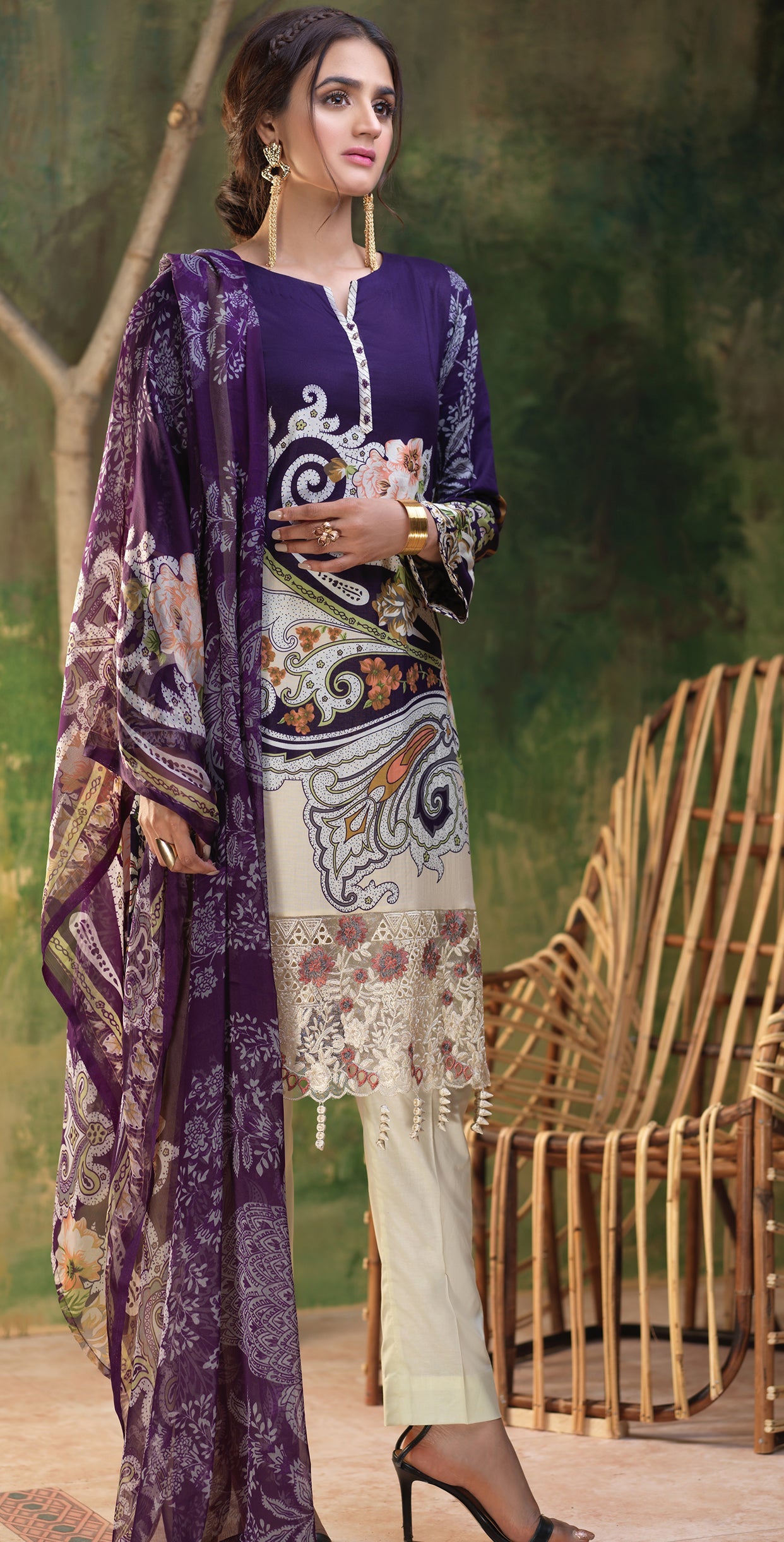 Stitched Printed Lawn Shirt with Embroidered Front , Printed Chiffon Dupatta & Cambric Trouser I Z'ure 3pc (WK-314B) - SalitexOnline