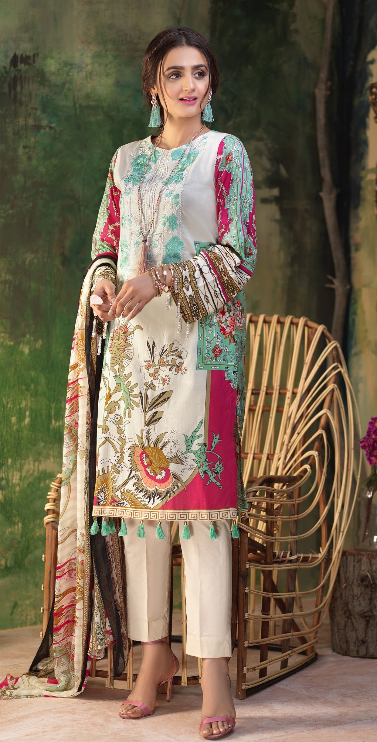 Stitched Printed Lawn Shirt with Embroidered Front , Printed Chiffon Dupatta & Cambric Trouser I Z'ure 3pc (WK-317A) - SalitexOnline